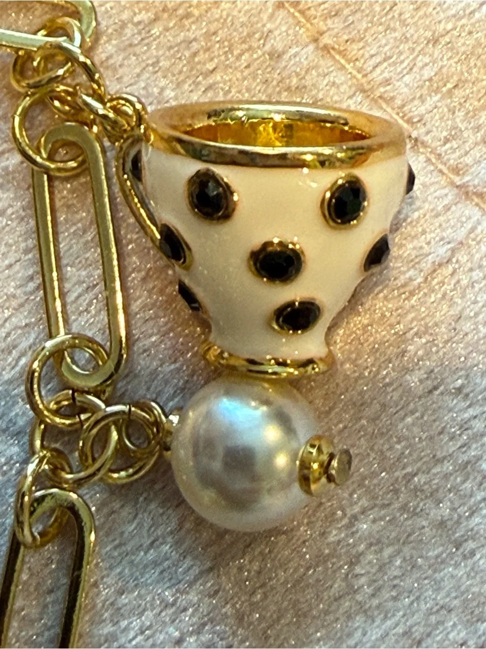 Kate Spade |♠️| Gold Plated, Black, White & Pearl Teacup Charm Bracelet - Picture 5 of 6